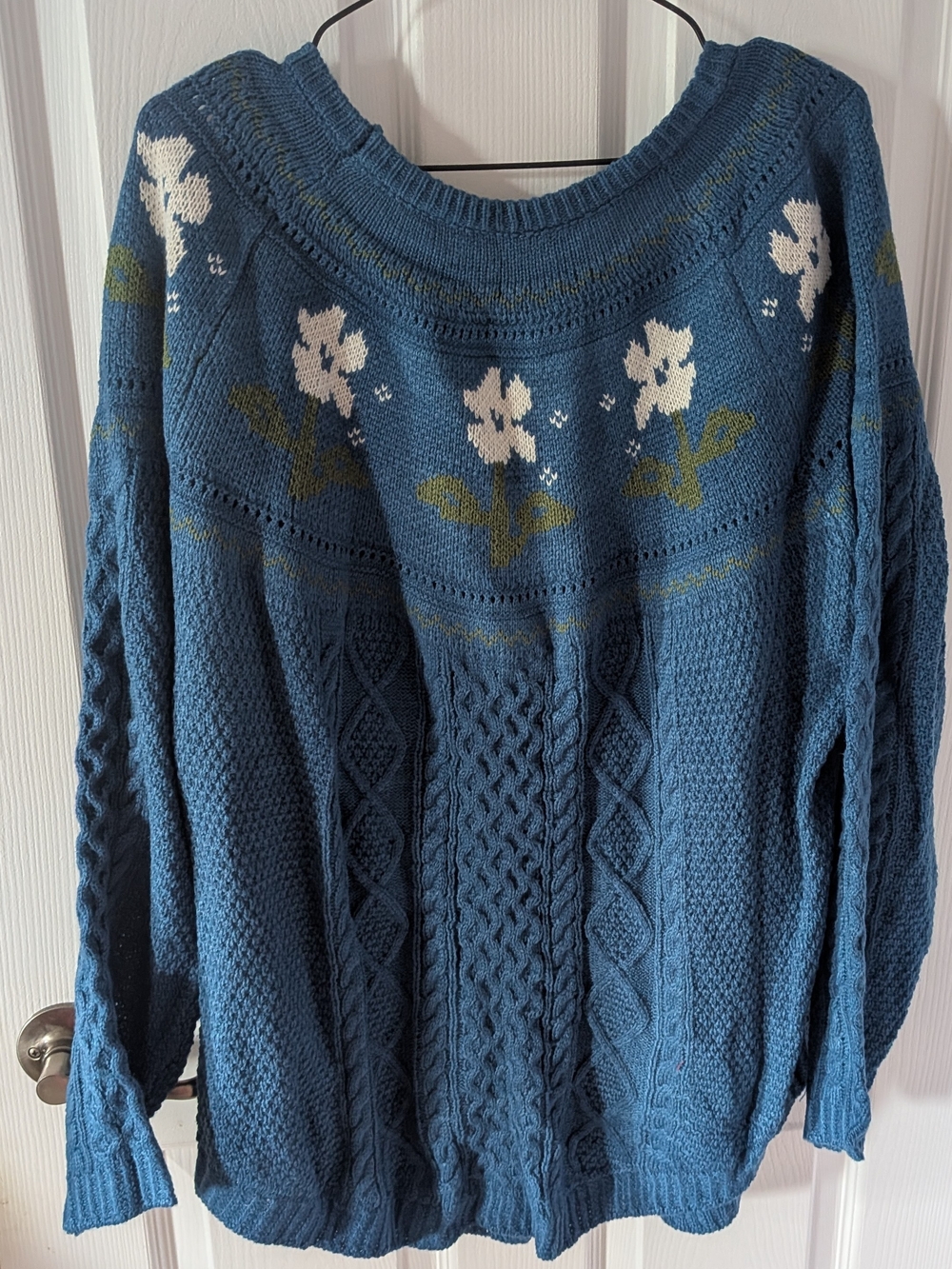 BloomChic Blue Cable Knit Crewneck Sweater with White Floral Motif